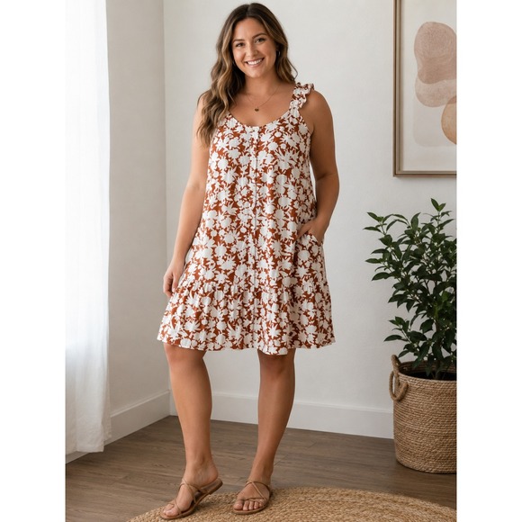 Universal Thread Dresses & Skirts - Universal Thread Womens Rust Floral Button Front Ruffle Strap Mini Dress Large